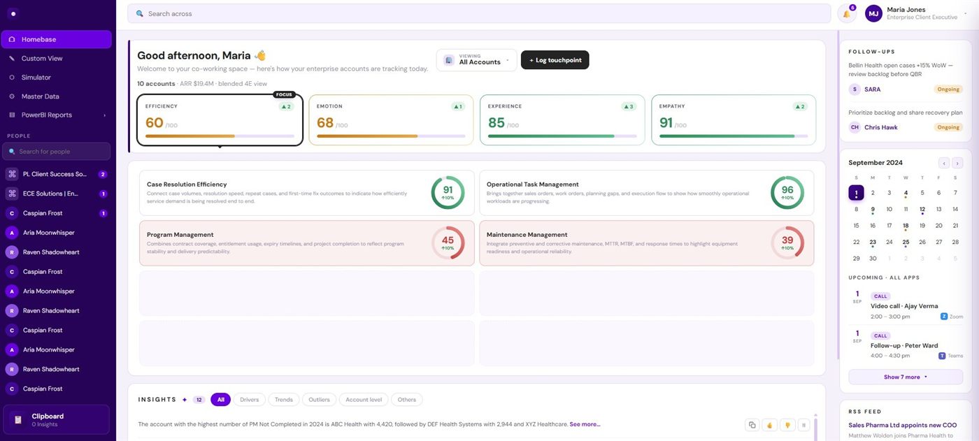 Product screenshot of account health scorecard with efficiency, emotion, experience, and empathy scores